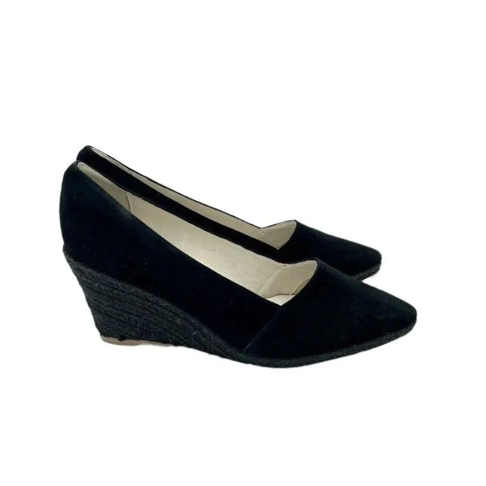Atelier Mercadal Greta Wedge Espadrilles Black Suede Leather Shoes SZ 41 EU NIB